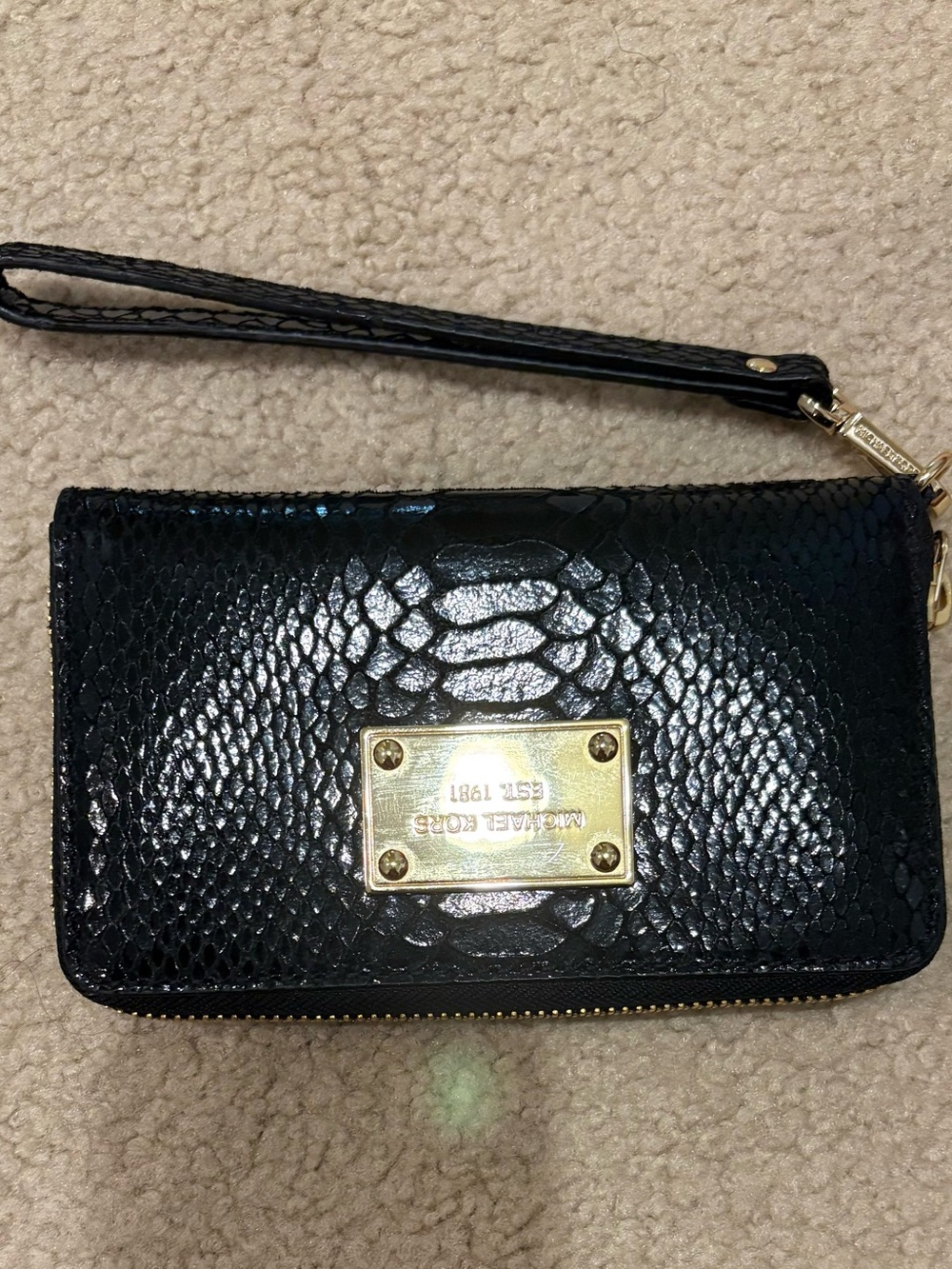 Michael Kors Black Snake-Embossed Clutch with Gold Plate